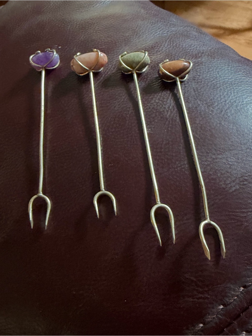 Antique Sterling Silver & Precious Stones Olive Fork for Bar Drinks